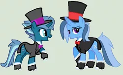 Size: 1226x752 | Tagged: safe, artist:jadethepegasus, artist:twidashfan1234, derpibooru import, oc, oc:twinkle mint, oc:wondermint, unofficial characters only, pony, unicorn, icey-verse, base used, bowtie, clothes, coat, duo, female, gray background, hat, high heels, hoof shoes, magical lesbian spawn, mare, multicolored hair, offspring, open mouth, parent:minuette, parent:trixie, parents:minixie, raised hoof, shirt, shoes, siblings, simple background, sisters, socks, suit, top hat