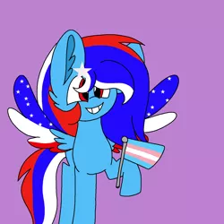 Size: 1378x1378 | Tagged: safe, artist:circuspaparazzi5678, derpibooru import, oc, oc:liberty, unofficial characters only, pegasus, pony, female, grin, hoof hold, mare, multicolored hair, pride, pride flag, purple background, simple background, smiling, solo, trans female, transgender, transgender pride flag