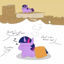 Size: 5315x5315 | Tagged: safe, artist:depressant, derpibooru import, twilight sparkle, twilight sparkle (alicorn), alicorn, pony, absurd resolution, blanket, book, comic, dialogue, eyes closed, female, mare, offscreen character, onomatopoeia, simple background, sleeping, solo, sound effects, squatpony, that pony sure does love books, twiggie, z, zzz