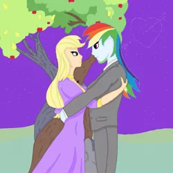 Size: 1000x1000 | Tagged: safe, artist:artiststr, derpibooru import, applejack, rainbow dash, equestria girls, apple, apple tree, appledash, breasts, clothes, dress, female, food, hairtie, intertwined trees, jewelry, lesbian, love, necklace, night, pants, pear, pear tree, shipping, stars, suit, tree, vest