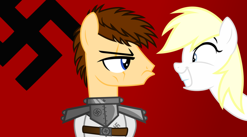 Size: 7046x3916 | Tagged: safe, artist:isaac_pony, derpibooru import, oc, oc:aryanne, ponified, earth pony, pony, angry, b.j. blazkowicz, blue eyes, female, grin, male, metal, nazi, red background, scar, simple background, smiley face, smiling, swastika, this will end in pain, vector, wolfenstein