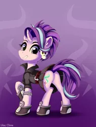 Size: 4000x5300 | Tagged: safe, artist:lilclim, derpibooru import, starlight glimmer, pony, unicorn, absurd resolution, alternate hairstyle, butt, clothes, ear fluff, ear piercing, earring, edgelight glimmer, female, gameloft interpretation, jewelry, looking at you, looking back, looking back at you, mare, piercing, plot, punk, smiling, solo