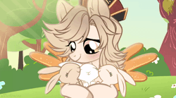 Size: 872x486 | Tagged: safe, artist:kichimina, derpibooru import, oc, unofficial characters only, pegasus, pony, rabbit, animal, animated, blushing, bust, colored, commission, cute, ear fluff, female, flower, gif, grin, happy, hat, heterochromia, hug, mare, ocbetes, show accurate, sitting, smiling, solo, spread wings, tree, vector, weapons-grade cute, wings, ych result