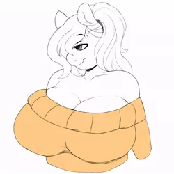 Size: 768x768 | Tagged: suggestive, artist:littlebibbo, derpibooru import, oc, oc:bibbo, unofficial characters only, anthro, pegasus, big breasts, breasts, cleavage, clothes, female, hair over one eye, huge breasts, image, jpeg, simple background, sweater, white background