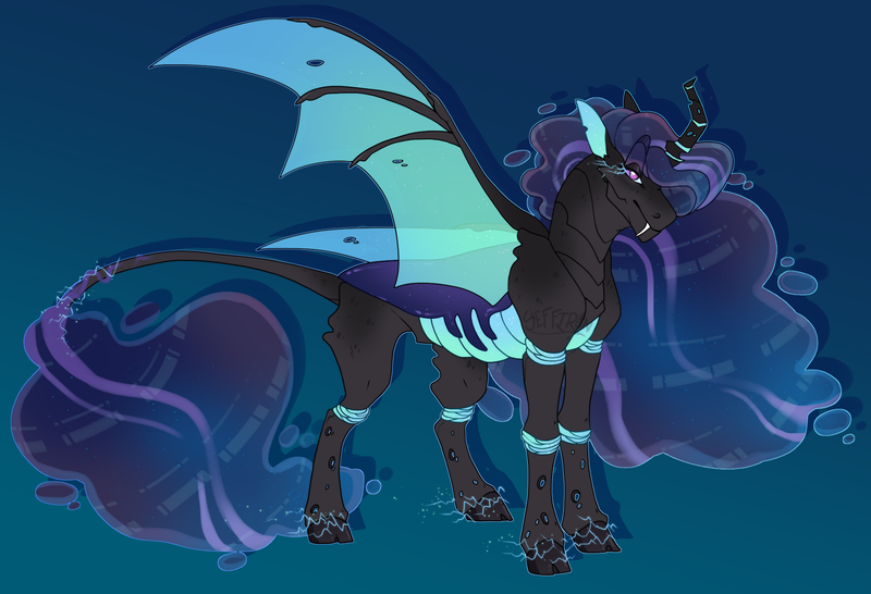 Size: 1921x1310 | Tagged: safe, artist:seffiron, derpibooru import, oc, oc:love storm, changepony, hybrid, ethereal mane, gradient background, interspecies offspring, offspring, parent:nightmare moon, parents:canon x oc, simple background, solo, transparent background