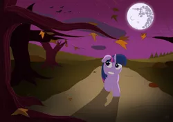 Size: 1024x724 | Tagged: safe, artist:fskindness, derpibooru import, twilight sparkle, female, halloween, happy birthday mlp:fim, holiday, leaves, mare in the moon, mlp fim's tenth anniversary, moon, night, solo, spooky, tree, tree branch