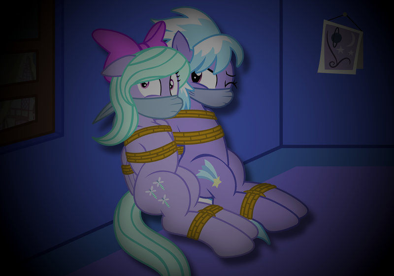 Size: 2843x1997 | Tagged: safe, artist:radiantrealm, derpibooru import, cloudchaser, flitter, pegasus, pony, bondage, bound, bound and gagged, bound together, cloth gag, damsel in distress, female, gag, kidnapped, mare, night, one eye closed, otn gag, over the nose gag, rope, rope bondage, scared, shocked, tied up