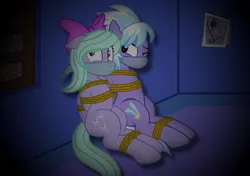 Size: 2843x1997 | Tagged: safe, artist:radiantrealm, derpibooru import, cloudchaser, flitter, pegasus, pony, bondage, bound, bound and gagged, bound together, cloth gag, damsel in distress, female, gag, kidnapped, mare, night, one eye closed, otn gag, over the nose gag, rope, rope bondage, scared, shocked, tied up