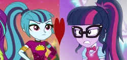 Size: 2265x1074 | Tagged: safe, deleted from derpibooru, derpibooru import, edit, edited screencap, screencap, sci-twi, sonata dusk, twilight sparkle, equestria girls, equestria girls series, mirror magic, sunset's backstage pass!, spoiler:eqg series (season 2), spoiler:eqg specials, angry, female, heart, lesbian, sci-twinata, shipping, shipping domino, twinata