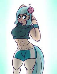 Size: 771x1000 | Tagged: safe, artist:lazerblues, derpibooru import, oc, oc:cici, unofficial characters only, satyr, abs, blushing, female, flower, flower in hair, muscles, muscular female, offspring, parent:coco pommel, solo