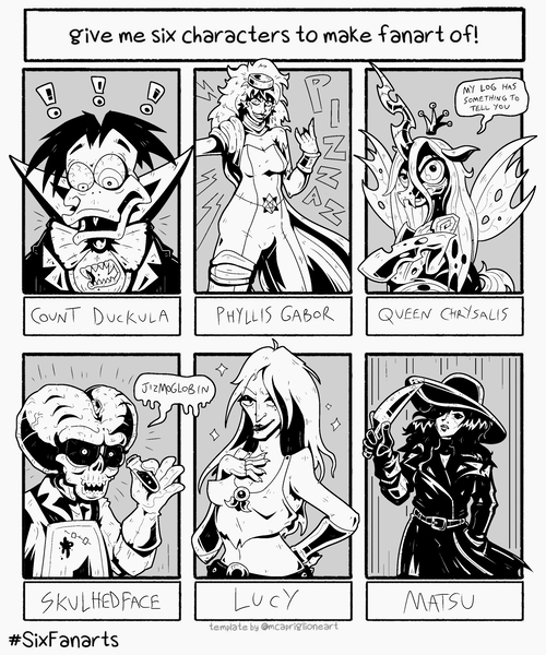 Size: 2300x2758 | Tagged: safe, artist:goblinspell, derpibooru import, queen chrysalis, anthro, bird, changeling, changeling queen, duck, human, six fanarts, clothes, count duckula, crossover, female, grayscale, hat, monochrome, sun hat, twilog