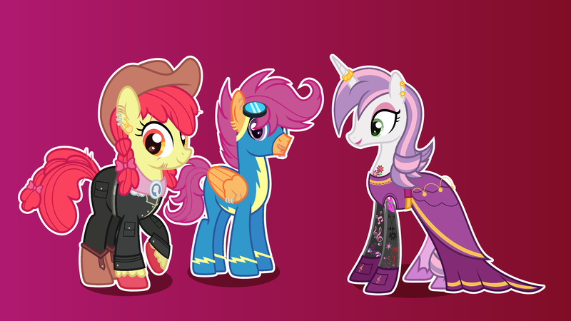 Size: 3080x1732 | Tagged: safe, artist:n0kkun, derpibooru import, apple bloom, scootaloo, sweetie belle, earth pony, pegasus, pony, unicorn, alternate hairstyle, belt, boots, clothes, commission, cowboy boots, cowboy hat, cutie mark crusaders, dress, ear piercing, earring, eye scar, eyeshadow, female, gloves, goggles, gradient background, hat, headcanon, hoof shoes, horn, horn ring, jeans, jewelry, lip piercing, lipstick, makeup, male, mare, older, older apple bloom, older cmc, older scootaloo, older sweetie belle, pants, piercing, raised hoof, ring, rule 63, scar, scooteroll, shirt, shoes, skirt, socks, stallion, stockings, stubble, suit, tattoo, thigh highs, trans male, transgender, trio, uniform, unshorn fetlocks, wing piercing, wonderbolts, wonderbolts uniform