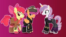 Size: 3080x1732 | Tagged: safe, artist:n0kkun, derpibooru import, apple bloom, scootaloo, sweetie belle, earth pony, pegasus, pony, unicorn, alternate hairstyle, apple bloom's bow, badge, boots, bow, clothes, coat, commission, converse, cowboy boots, cutie mark crusaders, ear piercing, earring, eye scar, eyebrow piercing, eyeshadow, fedora, female, fingerless gloves, gloves, gradient background, hair bow, hat, headcanon, hoodie, horn, horn ring, jacket, jeans, jewelry, leather jacket, lip piercing, lipstick, makeup, male, mare, necklace, older, older apple bloom, older cmc, older scootaloo, older sweetie belle, pants, piercing, pin, raised hoof, ring, rule 63, scar, scooteroll, shirt, shoes, shorts, socks, stallion, striped socks, stubble, t-shirt, tattoo, trans male, transgender, trio, unshorn fetlocks, wall of tags, wing piercing
