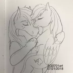 Size: 1080x1080 | Tagged: safe, artist:stargazerseven, derpibooru import, big macintosh, rainbow dash, earth pony, pegasus, pony, eyes closed, female, freckles, hug, lineart, male, mare, rainbowmac, shipping, stallion, straight, traditional art