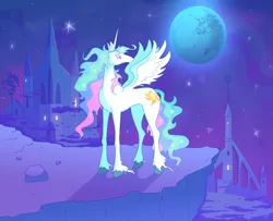 Size: 800x651 | Tagged: safe, artist:goblinspell, derpibooru import, princess celestia, alicorn, pony, female, full moon, looking back, mare, mare in the moon, moon, night, outdoors, solo, stars, the last unicorn, unshorn fetlocks