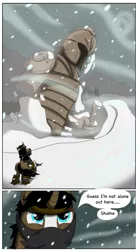 Size: 1408x2532 | Tagged: safe, artist:cactuscowboydan, derpibooru import, oc, human, unicorn, comic:mlp:outcasted, comic, fantasy class, mystery, snow, statue, warrior, winter