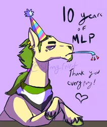 Size: 2106x2480 | Tagged: safe, artist:slimyferret, derpibooru import, oc, oc:platinum forge, horse, pegasus, pony, 10, agender, ambiguous gender, aromantic, beard, facial hair, female, happy birthday mlp:fim, hat, mare, masculine mare, mlp fim's tenth anniversary, party hat, party horn
