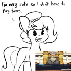 Size: 1024x1024 | Tagged: safe, artist:tjpones, derpibooru import, edit, oc, oc:brownie bun, unofficial characters only, earth pony, pony, horse wife, ace attorney, cute, female, horse taxes, judge, mare, monochrome, ocbetes, open mouth, simple background, smiling, solo, tax evasion, taxes, this will end in jail time, white background