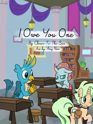 Size: 960x1280 | Tagged: safe, artist:amynewblue, derpibooru import, gallus, ocellus, oc, changedling, changeling, gryphon, pony, fanfic, fanfic:i owe you one, begging, classroom, fanfic art, fanfic cover, female, frown, grin, luslus, male, school of friendship, shipping, sitting, smiling, straight, text