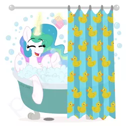 Size: 3000x3000 | Tagged: safe, artist:pink-pone, derpibooru import, princess celestia, alicorn, pony, bath, bathtub, bubble, bubble bath, chest fluff, claw foot bathtub, cute, cutelestia, drain, eyes closed, shower curtain, simple background, smiling, soap, water, white background, wing fluff