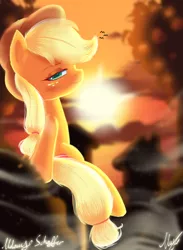 Size: 1650x2250 | Tagged: safe, artist:melanyschaffer, derpibooru import, applejack, earth pony, cloud, sitting, sun, sunset