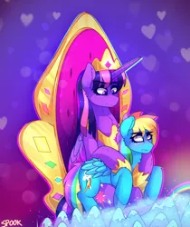 Size: 1428x1704 | Tagged: safe, artist:aaa-its-spook, derpibooru import, rainbow dash, twilight sparkle, twilight sparkle (alicorn), alicorn, pegasus, sparkle's seven, female, lesbian, luna petting goose, shipping, sitting on lap, size difference, teasing, twidash, ultimate twilight