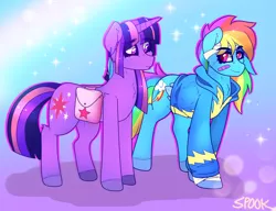 Size: 1452x1118 | Tagged: safe, artist:aaa-its-spook, derpibooru import, rainbow dash, twilight sparkle, pegasus, pony, unicorn, bag, bandage, clothes, female, hoodie, lesbian, saddle bag, shipping, twidash