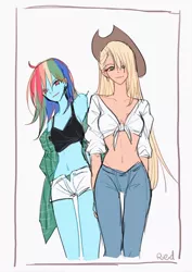 Size: 1448x2048 | Tagged: safe, artist:ried, derpibooru import, applejack, rainbow dash, human, equestria girls, alternate hairstyle, appledash, applejack's hat, belly button, blonde hair, blue skin, breasts, cleavage, clothes, confident, cowboy hat, cowgirl, denim shorts, duo, duo female, exposed belly, female, flannel shirt, front knot midriff, green eyes, happy, hat, holding hands, human coloration, humanized, jeans, lesbian, looking at you, loose hair, midriff, multicolored hair, off the shoulder, pants, pink eyes, pony coloring, rainbow hair, shipping, shirt, shorts, smiling, smiling at you, tanktop, tomboy, unbuttoned, watermark