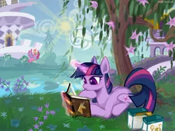 Size: 4000x3000 | Tagged: safe, artist:rrd-artist, derpibooru import, twilight sparkle, bird, pony, unicorn, friendship is magic, bag, book, book of harmony, canterlot, female, happy birthday mlp:fim, magic, mare, mlp fim's tenth anniversary, reading, saddle bag, scene interpretation, solo, sun, tree, unicorn twilight