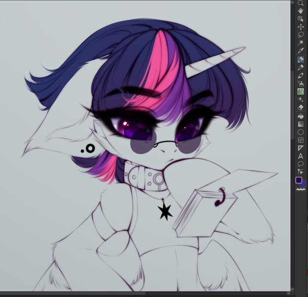 Size: 967x933 | Tagged: safe, artist:tomness, derpibooru import, twilight sparkle, alicorn, accessories, ear piercing, earring, glasses, jewelry, looking down, notepad, piercing, solo, twilight sparkle (alicorn), wip