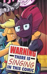 Size: 289x457 | Tagged: safe, derpibooru import, editor:thomasfan45, idw, applejack, tempest shadow, zecora, earth pony, kelpie, pony, unicorn, zebra, spoiler:comic, armor, broken horn, comic, cropped, curtains, female, funny, horn, looking at you, musical, offscreen character, season 10, sign, song, stage, tempest shadow is not amused, tempest shadow's sign, unamused, warning, warning sign