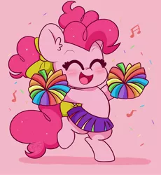 Size: 3400x3700 | Tagged: safe, artist:kittyrosie, derpibooru import, pinkie pie, earth pony, bipedal, cheerleader, cheerleader outfit, cheerleader pinkie, chibi, clothes, cute, diapinkes, digital art, eyes closed, female, kittyrosie is trying to murder us, open mouth, pink background, pom pom, simple background, skirt, smiling, solo