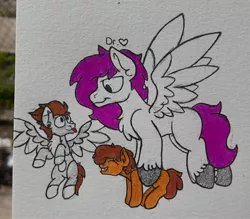 Size: 2455x2151 | Tagged: safe, artist:drheartdoodles, derpibooru import, oc, oc:dr.heart, oc:floofy, oc:vince, unofficial characters only, earth pony, pegasus, :p, carrying pony, color, flying, looking at each other, size difference, smiling, tongue out, traditional art