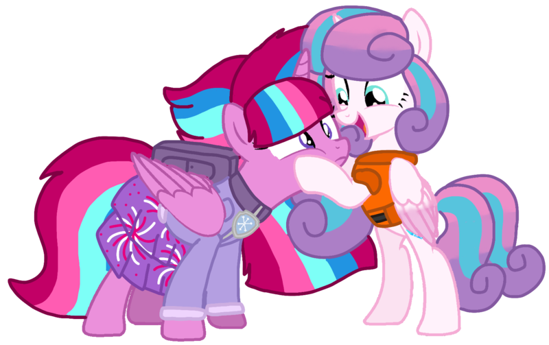 Size: 1604x1009 | Tagged: safe, artist:徐詩珮, derpibooru import, princess flurry heart, oc, oc:bubble sparkle, pony, bubbleverse, series:sprglitemplight diary, series:sprglitemplight life jacket days, series:springshadowdrops diary, series:springshadowdrops life jacket days, alternate universe, base used, clothes, cousins, female, magical lesbian spawn, magical threesome spawn, multiple parents, next generation, offspring, older, older flurry heart, parent:glitter drops, parent:spring rain, parent:tempest shadow, parent:twilight sparkle, parents:glittershadow, parents:sprglitemplight, parents:springdrops, parents:springshadow, parents:springshadowdrops, simple background, transparent background