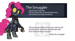 Size: 1280x700 | Tagged: safe, artist:emp-bomber, derpibooru import, pinkie pie, bodysuit, clothes, crossover, gun, starcrawlers, weapon, who needs trigger fingers