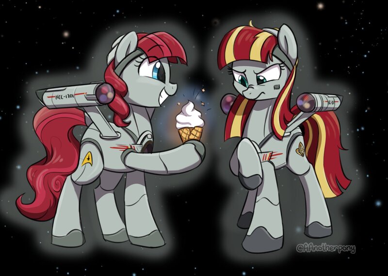 Size: 2048x1461 | Tagged: safe, artist:aanotherpony, derpibooru import, oc, oc:starship constellation, oc:starship enterprise, ponified, unofficial characters only, pony, are you serious, doomsday weapon, ice cream cone, ncc-1017, ncc-1701, screaming internally, shipmare, star trek (tos), starshipmare, text, the doomsday machine, uss constellation, uss enterprise, warp nacelles