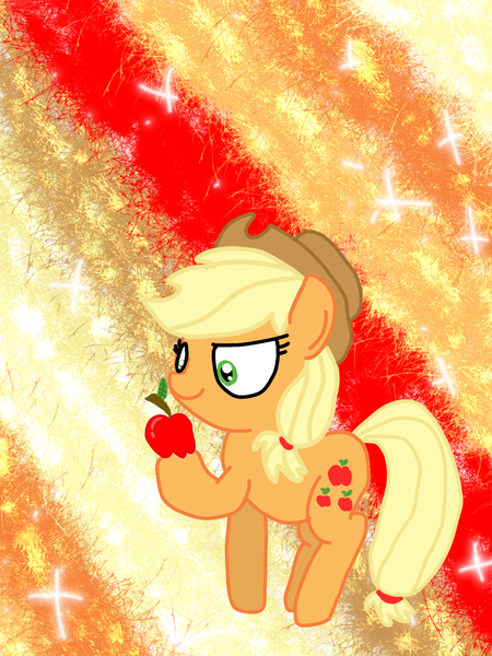 Size: 1080x1440 | Tagged: safe, artist:crossovercartoons, derpibooru import, applejack, earth pony, pony, abstract background, aj day, apple, applejack's hat, cowboy hat, cute, food, hat, looking down, obligatory apple, solo, sparkles