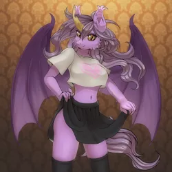 Size: 2000x2000 | Tagged: suggestive, artist:pony straponi, derpibooru import, oc, oc:nebula eclipse, anthro, bat pony, bat pony oc, bat wings, breasts, clothes, commission, looking at you, shirt, skirt, socks, thigh highs, wings, ych result