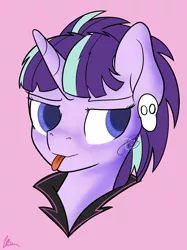 Size: 1802x2412 | Tagged: safe, artist:illumnious, derpibooru import, starlight glimmer, pony, unicorn, alternate hairstyle, bust, clothes, ear piercing, earring, edgelight glimmer, gameloft, glimmer goth, goth, jewelry, piercing, portrait, punk, skull, solo, tongue out