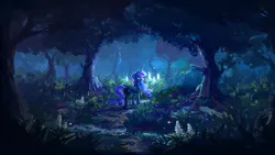 Size: 1920x1080 | Tagged: safe, artist:plainoasis, derpibooru import, princess luna, alicorn, pony, female, forest, looking back, mare, missing accessory, night, scenery, scenery porn, solo, tree, water