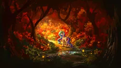 Size: 1920x1080 | Tagged: safe, artist:plainoasis, derpibooru import, princess celestia, alicorn, pony, beautiful, female, forest, looking back, mare, missing accessory, painting, reflection, scenery, scenery porn, solo, tree, water