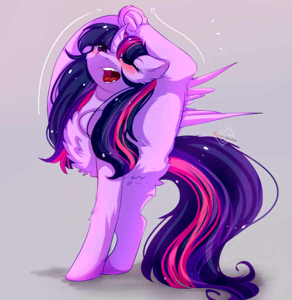 Size: 3258x3346 | Tagged: safe, artist:1fresita, derpibooru import, twilight sparkle, twilight sparkle (alicorn), alicorn, pony, adorable distress, anatomically incorrect, blushing, chest fluff, curved horn, cute, ear fluff, featureless crotch, female, flexible, floppy ears, frog (hoof), gray background, high res, horn, incorrect leg anatomy, leg fluff, looking at you, mare, one eye closed, open mouth, pubic fluff, raised leg, simple background, solo, spread legs, spreading, standing splits, stretching, twiabetes, underhoof, wat, wink, yoga