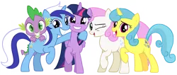 Size: 16450x7000 | Tagged: safe, artist:tardifice, derpibooru import, lemon hearts, minuette, spike, twilight sparkle, twilight sparkle (alicorn), twinkleshine, alicorn, pony, amending fences, absurd resolution, one eye closed, simple background, transparent background, vector, wink