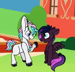 Size: 1392x1350 | Tagged: safe, artist:greyestgray, derpibooru import, oc, oc:calvary troop, oc:matrix opal, unofficial characters only, earth pony, pegasus, pony, colt, magical lesbian spawn, male, offspring, parent:tempest shadow, parent:twilight sparkle, parents:tempestlight