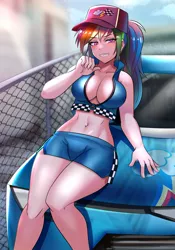 Size: 800x1143 | Tagged: absolute cleavage, anime, artist:tzc, big breasts, breasts, busty rainbow dash, car, cleavage, clothes, derpibooru import, digital art, female, human, humanized, race queen, rainbow dash, sexy, smiling, solo, solo female, stupid sexy rainbow dash, suggestive