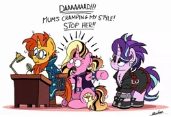 Size: 1024x702 | Tagged: safe, artist:bobthedalek, derpibooru import, luster dawn, starlight glimmer, sunburst, pony, unicorn, the parent map, blaze (coat marking), clothes, desk, ear piercing, earring, edgelight glimmer, father and child, father and daughter, feather, female, gameloft interpretation, glasses, goth, gothic, jewelry, like mother like daughter, like parent like child, makeup, male, mama starlight, messy mane, millennial luster dawn, mother and child, mother and daughter, mothers gonna mother, older, older starlight glimmer, older sunburst, papa sunburst, piercing, punk, punk dawn, robe, runs in the family, scrunchy face, simple background, skull, smug, socks (coat marking), sunburst the bearded, sunburst's glasses, sunburst's robe, sweat, sweatdrop, white background