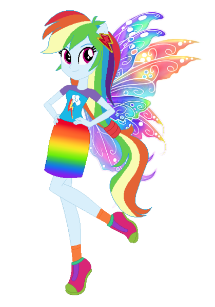 Size: 457x654 | Tagged: safe, artist:selenaede, artist:user15432, derpibooru import, rainbow dash, fairy, human, equestria girls, base used, clothes, colored wings, cutie mark, cutie mark on clothes, dress, element of loyalty, fairy wings, fairyized, gradient clothes, gradient wings, hands on hip, image, multicolored wings, png, ponied up, rainbow, rainbow dress, rainbow wings, shoes, simple background, sneakers, transparent background, wings