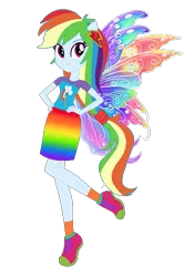 Size: 457x654 | Tagged: safe, artist:selenaede, artist:user15432, derpibooru import, rainbow dash, fairy, human, equestria girls, base used, clothes, colored wings, dress, element of loyalty, fairy wings, fairyized, gradient clothes, gradient wings, hands on hip, multicolored wings, ponied up, rainbow, rainbow dress, rainbow wings, shoes, simple background, sneakers, transparent background, wings