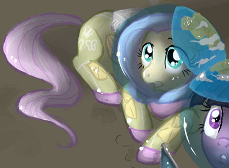 Size: 1082x797 | Tagged: dead source, safe, artist:elenaboosy, derpibooru import, fluttershy, twilight sparkle, unicorn, astronaut, clothes, cropped, earth, flag, planet, reflection, solo focus, space, spacesuit, unicorn twilight