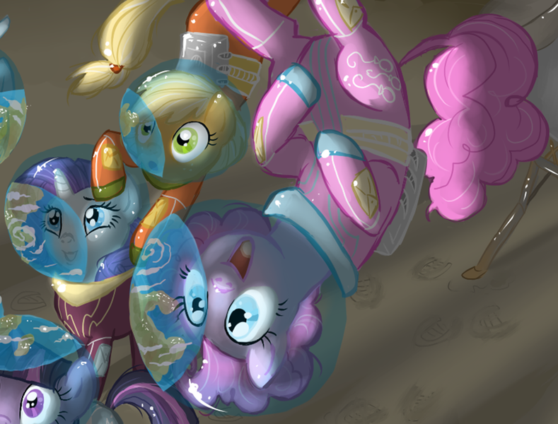 Size: 1684x1281 | Tagged: dead source, safe, artist:elenaboosy, derpibooru import, applejack, fluttershy, pinkie pie, rainbow dash, rarity, twilight sparkle, unicorn, astronaut, clothes, cropped, earth, flag, mane six, planet, reflection, space, spacesuit, trio focus, unicorn twilight